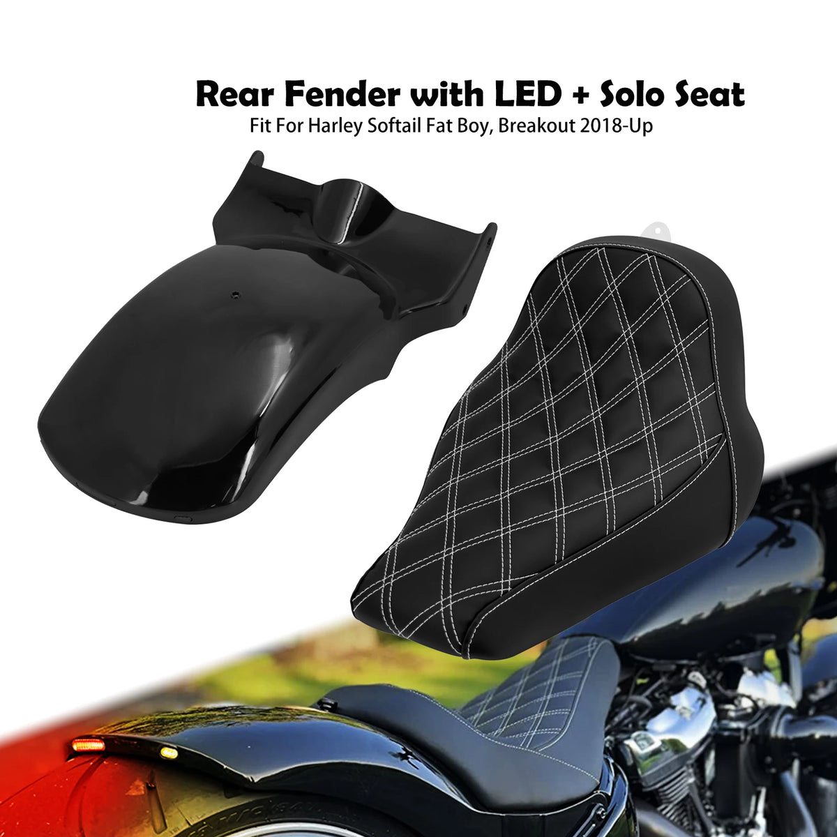 Motorcycle Driver Solo Cushion Seat Rear Fender Mudguard With Turn Signal LED Light For Harley Softail Fat Boy Breakout 18-2023