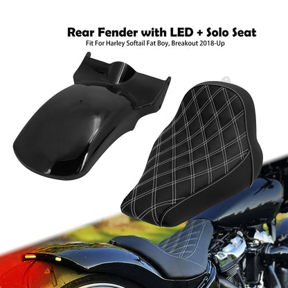 Motorcycle Driver Solo Cushion Seat Rear Fender Mudguard With Turn Signal LED Light For Harley Softail Fat Boy Breakout 18-2023